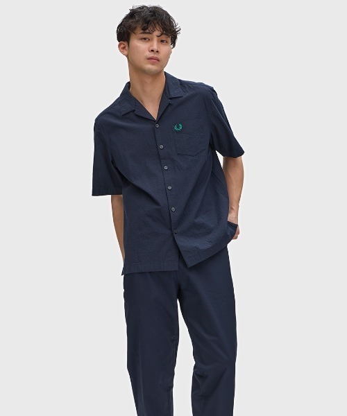 FRED PERRY（フレッドペリー）の「先行予約受付中／Seersucker Revere Collar Shirt／シアサッカーオープンカラーシャツ（シャツ/ブラウス・メンズ・グレー/ネイビー/ベージュ/ライトブルー・L/M/S）」の10枚目の写真