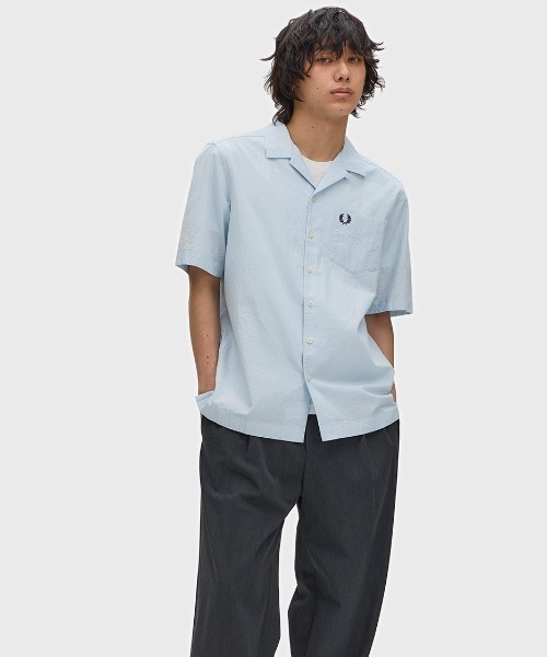 FRED PERRY（フレッドペリー）の「先行予約受付中／Seersucker Revere Collar Shirt／シアサッカーオープンカラーシャツ（シャツ/ブラウス・メンズ・グレー/ネイビー/ベージュ/ライトブルー・L/M/S）」の16枚目の写真