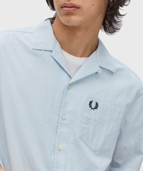 FRED PERRY（フレッドペリー）の「先行予約受付中／Seersucker Revere Collar Shirt／シアサッカーオープンカラーシャツ（シャツ/ブラウス・メンズ・グレー/ネイビー/ベージュ/ライトブルー・L/M/S）」の15枚目の写真