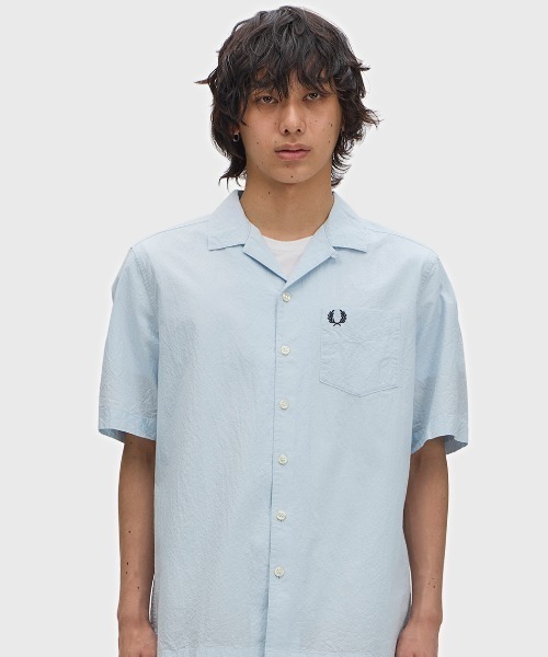 FRED PERRY（フレッドペリー）の「先行予約受付中／Seersucker Revere Collar Shirt／シアサッカーオープンカラーシャツ（シャツ/ブラウス・メンズ・グレー/ネイビー/ベージュ/ライトブルー・L/M/S）」の14枚目の写真