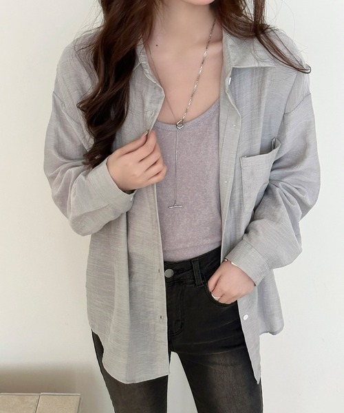 DAY CLOSET（デイ クローゼット）の「【セットアップ】ふわっと透け感まとう。長袖シースルーラウンドヘムシャツ+キャミソール 2点セットレディース（Tシャツ/カットソー・レディース・ホワイト/ブラック/アイボリー/グレー/ブルー・FREE）」の18枚目の写真