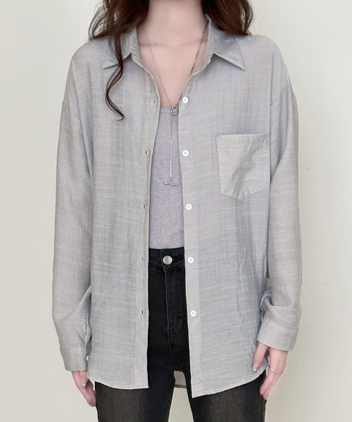 DAY CLOSET（デイ クローゼット）の「【セットアップ】ふわっと透け感まとう。長袖シースルーラウンドヘムシャツ+キャミソール 2点セットレディース（Tシャツ/カットソー・レディース・ホワイト/ブラック/アイボリー/グレー/ブルー・FREE）」の19枚目の写真