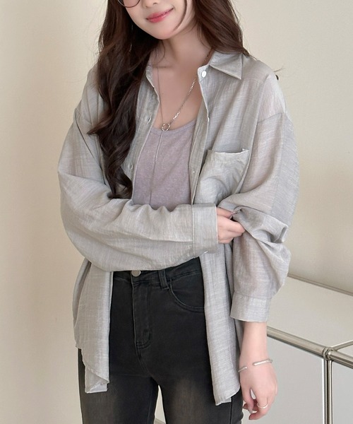 DAY CLOSET（デイ クローゼット）の「【セットアップ】ふわっと透け感まとう。長袖シースルーラウンドヘムシャツ+キャミソール 2点セットレディース（Tシャツ/カットソー・レディース・ホワイト/ブラック/アイボリー/グレー/ブルー・FREE）」の20枚目の写真