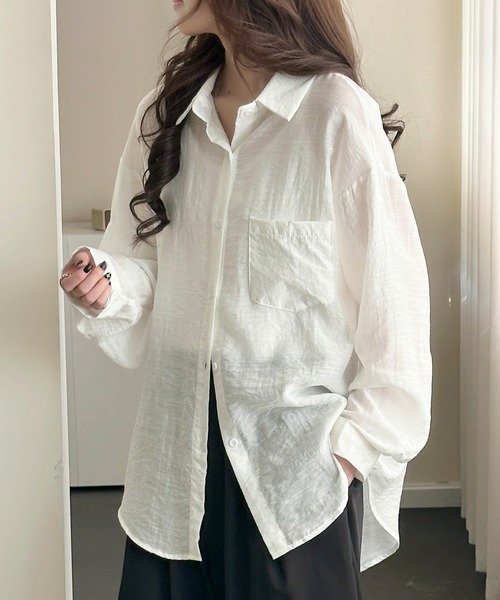 DAY CLOSET（デイ クローゼット）の「【セットアップ】ふわっと透け感まとう。長袖シースルーラウンドヘムシャツ+キャミソール 2点セットレディース（Tシャツ/カットソー・レディース・ホワイト/ブラック/アイボリー/グレー/ブルー・FREE）」の9枚目の写真