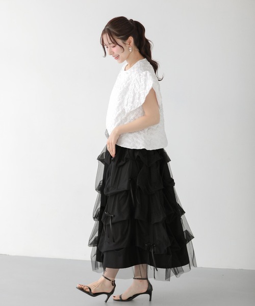 Fit more(フィットモア)の「ランダムタックチュールスカート(スカート・レディース・ホワイト/ブラック・LONG/SHORT)」の10枚目の写真