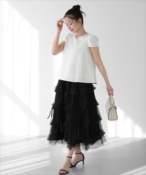 Fit more(フィットモア)の「ランダムタックチュールスカート(スカート・レディース・ホワイト/ブラック・LONG/SHORT)」の14枚目の写真