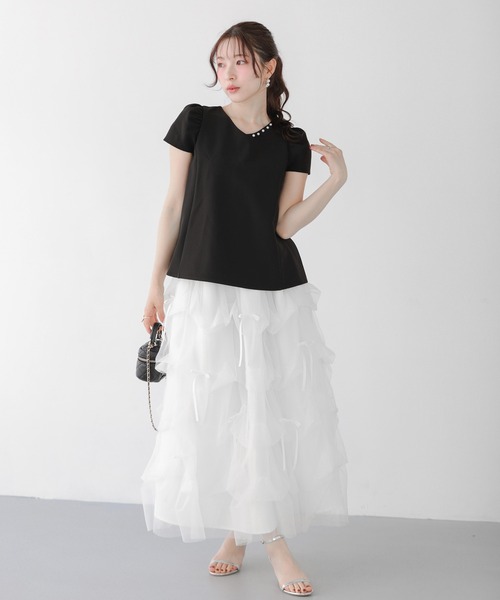 Fit more(フィットモア)の「ランダムタックチュールスカート(スカート・レディース・ホワイト/ブラック・LONG/SHORT)」の5枚目の写真