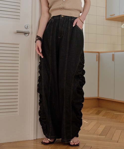 mideal gathered curve denim pants ブラック M gathered curve denim pants / ギャザーカーブデニムパンツ（デニム