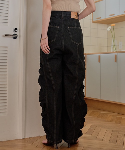 mideal gathered curve denim pants ブラック M gathered curve denim pants / ギャザーカーブデニムパンツ（デニム