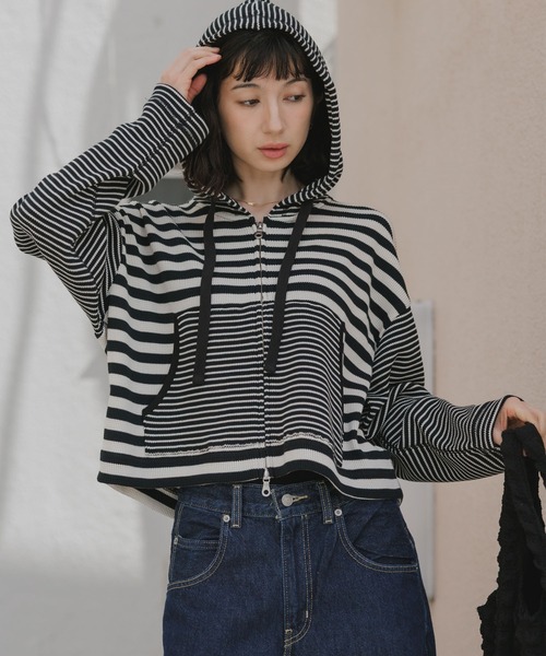 MILLER(ミラー)の「R.P.miller/ミラー 切り替えボーダーダブルジップパーカー 秋 秋服 2026年秋冬 スウェット トレーナー(パーカー・レディース・ブラック/イエロー・FREE)」の14枚目の写真