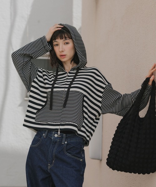 MILLER(ミラー)の「R.P.miller/ミラー 切り替えボーダーダブルジップパーカー 秋 秋服 2026年秋冬 スウェット トレーナー(パーカー・レディース・ブラック/イエロー・FREE)」の15枚目の写真