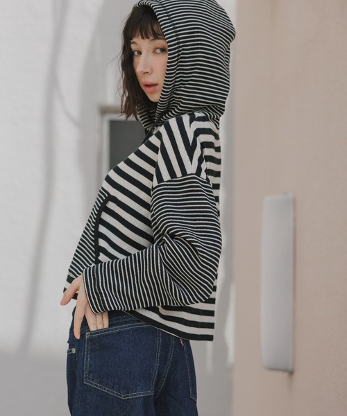 MILLER(ミラー)の「R.P.miller/ミラー 切り替えボーダーダブルジップパーカー 秋 秋服 2026年秋冬 スウェット トレーナー(パーカー・レディース・ブラック/イエロー・FREE)」の16枚目の写真