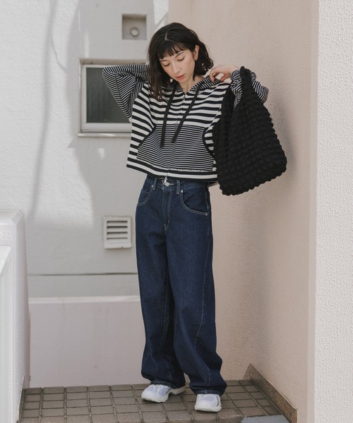MILLER(ミラー)の「R.P.miller/ミラー 切り替えボーダーダブルジップパーカー 秋 秋服 2026年秋冬 スウェット トレーナー(パーカー・レディース・ブラック/イエロー・FREE)」の18枚目の写真