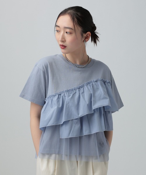 LEPSIM（レプシィム）の「異素材フリルドッキングT2　667510（Tシャツ/カットソー・レディース・カーキブラウン/ブラック/オフホワイト/ブルーグレー・FREE）」の3枚目の写真