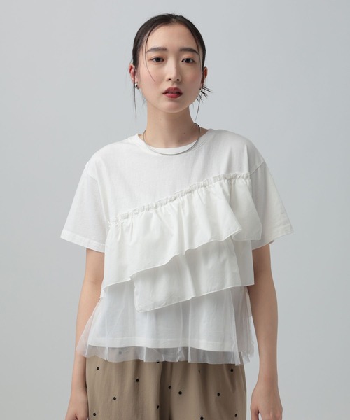 LEPSIM（レプシィム）の「異素材フリルドッキングT2　667510（Tシャツ/カットソー・レディース・カーキブラウン/ブラック/オフホワイト/ブルーグレー・FREE）」の2枚目の写真