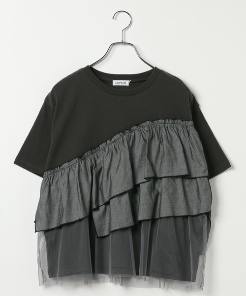 LEPSIM（レプシィム）の「異素材フリルドッキングT2　667510（Tシャツ/カットソー・レディース・カーキブラウン/ブラック/オフホワイト/ブルーグレー/チャコールグレー・FREE）」の3枚目の写真