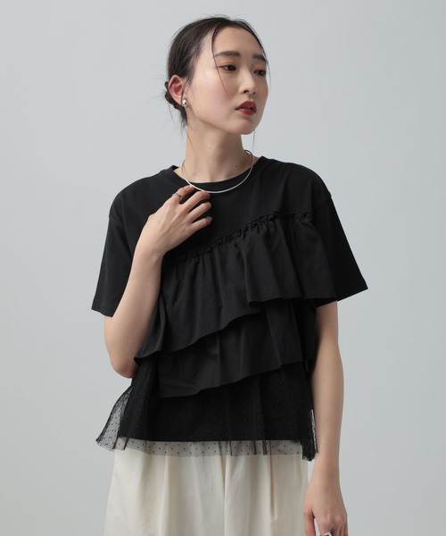 LEPSIM（レプシィム）の「異素材フリルドッキングT2　667510（Tシャツ/カットソー・レディース・カーキブラウン/ブラック/オフホワイト/ブルーグレー・FREE）」の19枚目の写真