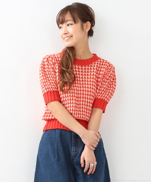 Ray BEAMS(レイビームス)の「Ray BEAMS / 2トーン 柄編 クルーニット(ニット/セーター・レディース・レッド/ネイビー・ONE SIZE)」の1枚目の写真