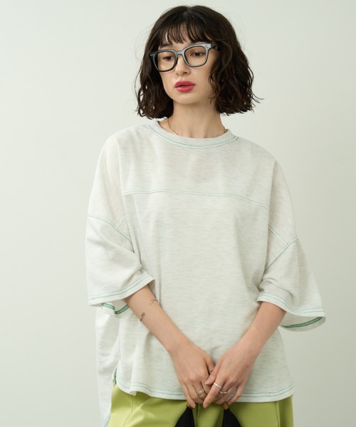 A.D.C.L.(エーディーシーエル)の「配色ステッチ 前後差 半袖 オーバーサイズプルオーバー(Tシャツ/カットソー・レディース・グリーン/ブラウン・M/L)」の3枚目の写真