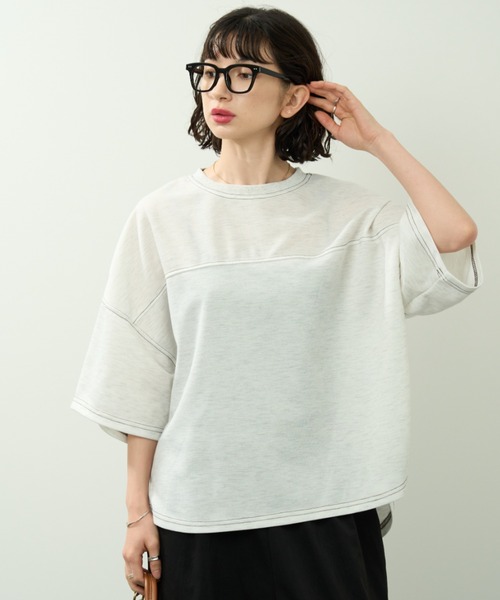 A.D.C.L.(エーディーシーエル)の「配色ステッチ 前後差 半袖 オーバーサイズプルオーバー(Tシャツ/カットソー・レディース・グリーン/ブラウン・M/L)」の9枚目の写真