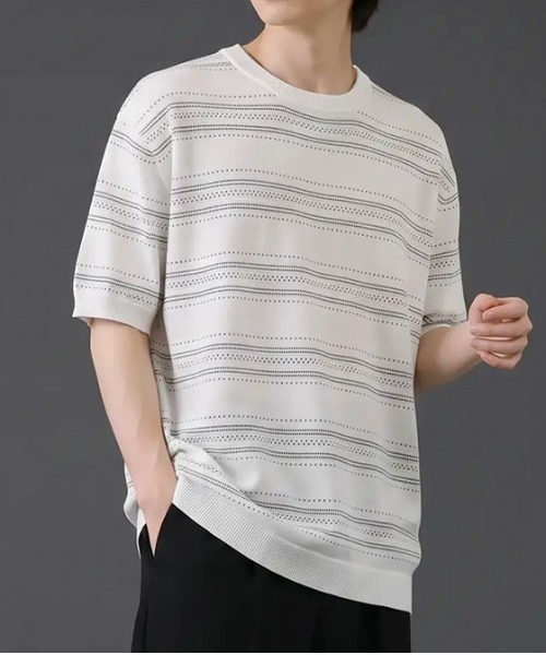 revertical(リバーティカル)の「透かし編みボーダーニット半袖Tシャツ/サマーニット ルーズシルエット(Tシャツ/カットソー・メンズ・ブラック/ホワイト/グリーン・LARGE/MEDIUM)」の1枚目の写真