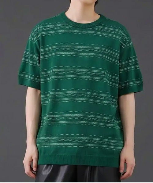 revertical(リバーティカル)の「透かし編みボーダーニット半袖Tシャツ/サマーニット ルーズシルエット(Tシャツ/カットソー・メンズ・ブラック/ホワイト/グリーン・LARGE/MEDIUM)」の3枚目の写真
