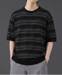 透かし編みボーダーニット半袖Tシャツ/サマーニット ルーズシルエット
