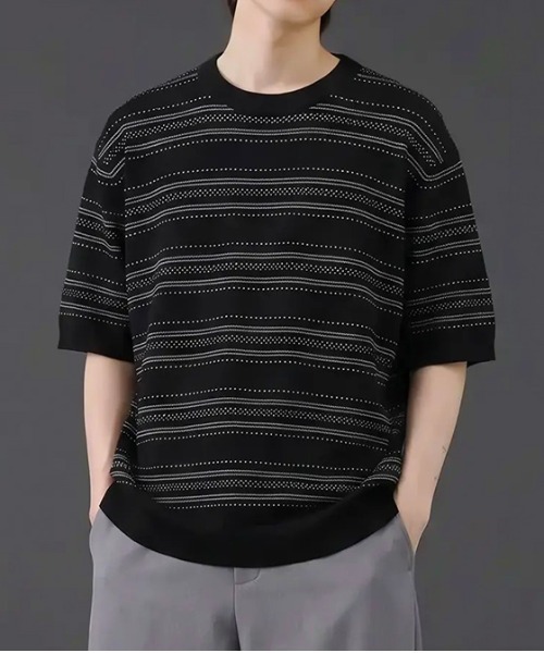 revertical(リバーティカル)の「透かし編みボーダーニット半袖Tシャツ/サマーニット ルーズシルエット(Tシャツ/カットソー・メンズ・ブラック/ホワイト/グリーン・LARGE/MEDIUM)」の2枚目の写真