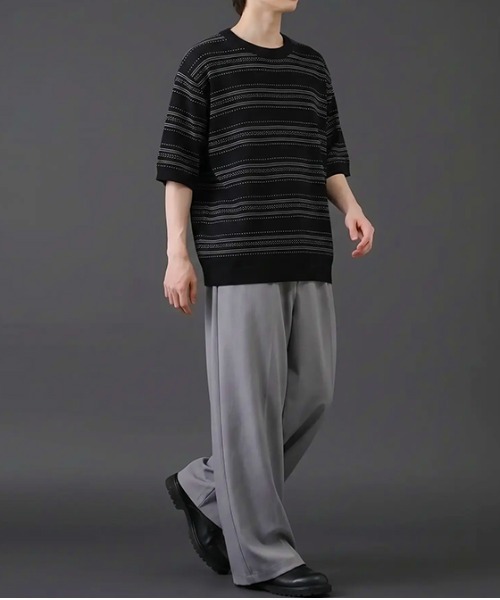 revertical(リバーティカル)の「透かし編みボーダーニット半袖Tシャツ/サマーニット ルーズシルエット(Tシャツ/カットソー・メンズ・ブラック/ホワイト/グリーン・LARGE/MEDIUM)」の12枚目の写真