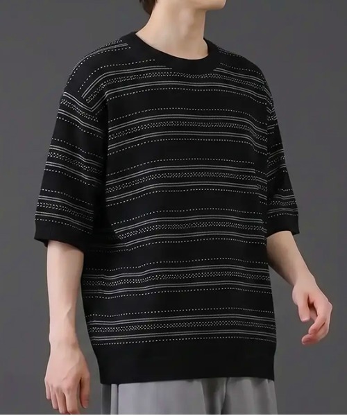 revertical(リバーティカル)の「透かし編みボーダーニット半袖Tシャツ/サマーニット ルーズシルエット(Tシャツ/カットソー・メンズ・ブラック/ホワイト/グリーン・LARGE/MEDIUM)」の9枚目の写真