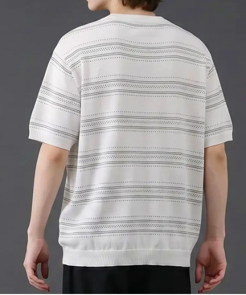 revertical(リバーティカル)の「透かし編みボーダーニット半袖Tシャツ/サマーニット ルーズシルエット(Tシャツ/カットソー・メンズ・ブラック/ホワイト/グリーン・LARGE/MEDIUM)」の4枚目の写真
