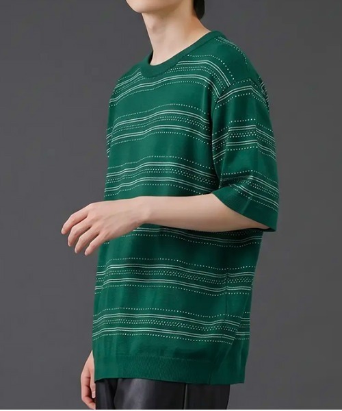 revertical(リバーティカル)の「透かし編みボーダーニット半袖Tシャツ/サマーニット ルーズシルエット(Tシャツ/カットソー・メンズ・ブラック/ホワイト/グリーン・LARGE/MEDIUM)」の14枚目の写真