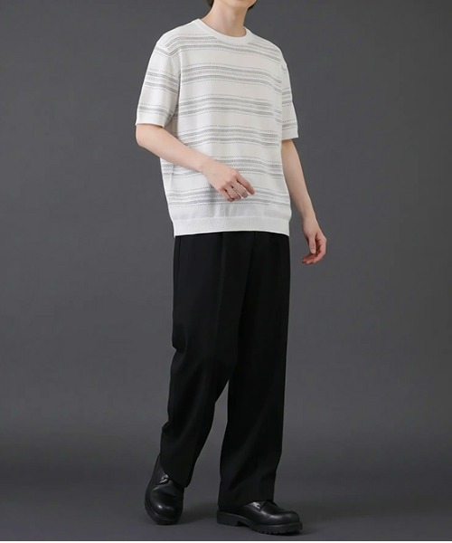 revertical(リバーティカル)の「透かし編みボーダーニット半袖Tシャツ/サマーニット ルーズシルエット(Tシャツ/カットソー・メンズ・ブラック/ホワイト/グリーン・LARGE/MEDIUM)」の6枚目の写真