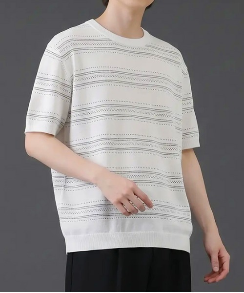 revertical(リバーティカル)の「透かし編みボーダーニット半袖Tシャツ/サマーニット ルーズシルエット(Tシャツ/カットソー・メンズ・ブラック/ホワイト/グリーン・LARGE/MEDIUM)」の5枚目の写真
