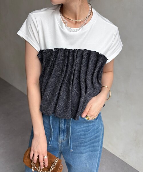 DouDou(ドゥドゥ)の「【WEB限定】ビスチェ切替TEE(Tシャツ/カットソー・レディース・オフホワイト/ネイビー・FREE)」の1枚目の写真