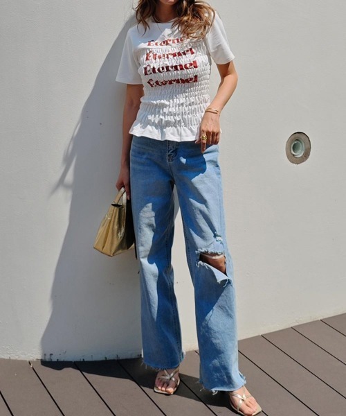 esutoreja（エストレジャ）の「シャーリングロゴTシャツ（Tシャツ/カットソー・レディース・ピンク/ホワイト/ブラック・FREE）」の9枚目の写真