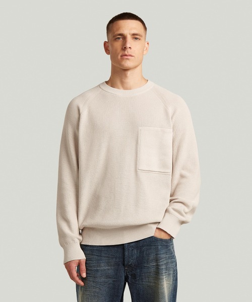 G-STAR(ジースター)の「Raglan Rib Pocket Knit/ラグランリブポケットコットンニットセーター(ニット/セーター・メンズ・ダークブルー/ホワイト系その他・X-SMALL/SMALL/LARGE/MEDIUM/X-LARGE)」の1枚目の写真
