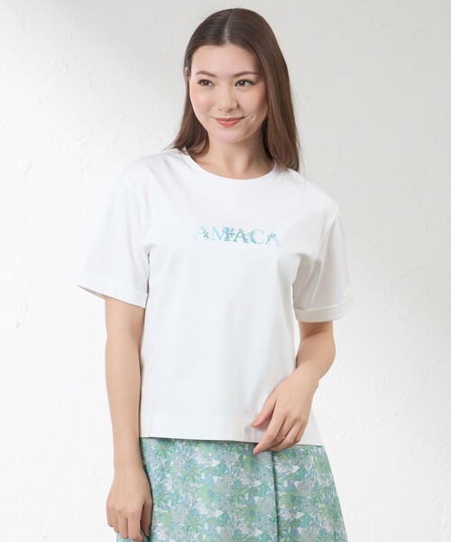 amaca(アマカ)の「花文字Tシャツ(Tシャツ/カットソー・レディース・ダークネイビー/オフホワイト・38/40)」の1枚目の写真