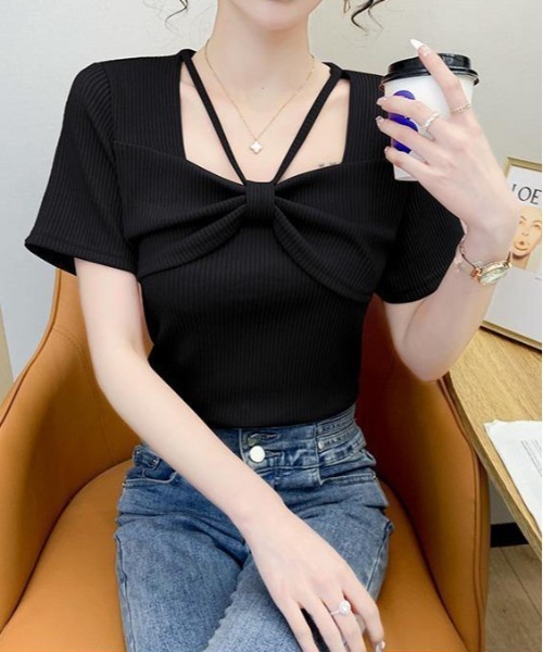 &soiree(アンドソワレ)の「リボンネック半袖トップス(Tシャツ/カットソー・レディース・ブラック/ホワイト/ピンク・SMALL/MEDIUM/LARGE/X-LARGE)」の7枚目の写真