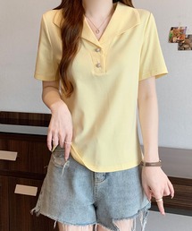 セーラーカラー風ポロトップス / ボタンデザイン 半袖カットソー