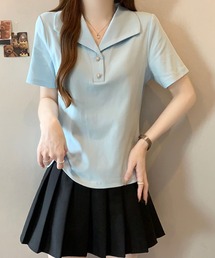 セーラーカラー風ポロトップス / ボタンデザイン 半袖カットソー