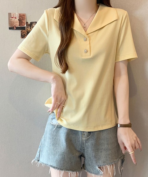 2ly2（トゥーリートゥー）の「セーラーカラー風ポロトップス / ボタンデザイン 半袖カットソー（Tシャツ/カットソー・レディース・ホワイト/ブルー/ブラック/イエロー・FREE）」の15枚目の写真