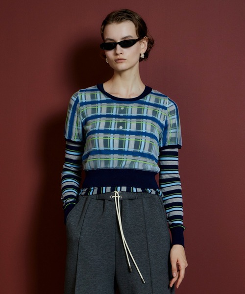 MAISON SPECIAL（メゾンスペシャル）の「【2026Autumn PRE-ORDER】Layered Check-Like Knit/レイヤードチェックライクニット（ニット/セーター・レディース・ブラック/ブルー/グリーン・FREE）」の9枚目の写真