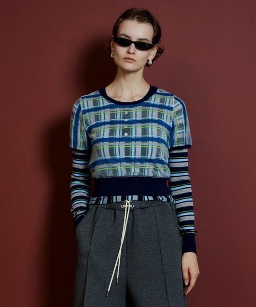 MAISON SPECIAL（メゾンスペシャル）の「【2026Autumn PRE-ORDER】Layered Check-Like Knit/レイヤードチェックライクニット（ニット/セーター・レディース・ブラック/ブルー/グリーン・FREE）」の10枚目の写真