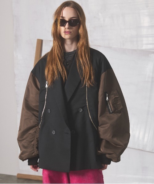MAISON SPECIAL（メゾンスペシャル）の「《UNISEX》Prime-Over MA-1 Sleeve Double Breasted Curved Zip Tailored Jacket/プライムオーバーMA-1スリーブダブルブレストカーブジップテーラードジャケット【MAISON SPECIAL/メゾンスペシャル】（テーラードジャケット・メンズ・ライトグリーン/カーキ/ブラック・2/1）」の3枚目の写真