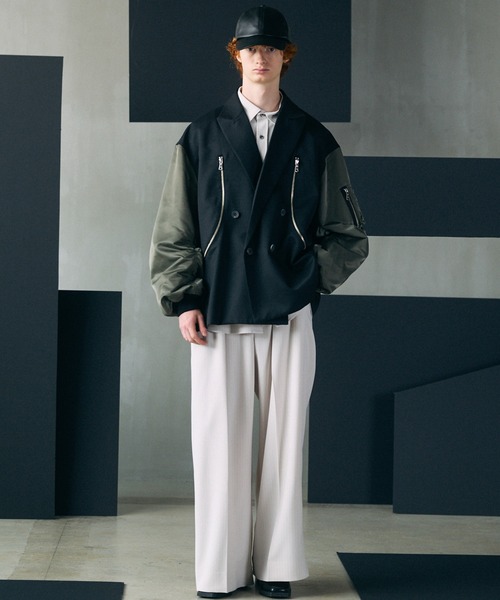 MAISON SPECIAL（メゾンスペシャル）の「《UNISEX》Prime-Over MA-1 Sleeve Double Breasted Curved Zip Tailored Jacket/プライムオーバーMA-1スリーブダブルブレストカーブジップテーラードジャケット【MAISON SPECIAL/メゾンスペシャル】（テーラードジャケット・メンズ・ライトグリーン/カーキ/ブラック・2/1）」の4枚目の写真