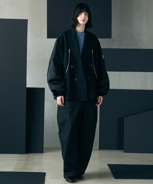 MAISON SPECIAL（メゾンスペシャル）の「《UNISEX》Prime-Over MA-1 Sleeve Double Breasted Curved Zip Tailored Jacket/プライムオーバーMA-1スリーブダブルブレストカーブジップテーラードジャケット【MAISON SPECIAL/メゾンスペシャル】（テーラードジャケット・メンズ・ライトグリーン/カーキ/ブラック・2/1）」の5枚目の写真