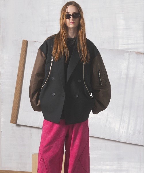 MAISON SPECIAL（メゾンスペシャル）の「《UNISEX》Prime-Over MA-1 Sleeve Double Breasted Curved Zip Tailored Jacket/プライムオーバーMA-1スリーブダブルブレストカーブジップテーラードジャケット【MAISON SPECIAL/メゾンスペシャル】（テーラードジャケット・メンズ・ライトグリーン/カーキ/ブラック・2/1）」の15枚目の写真