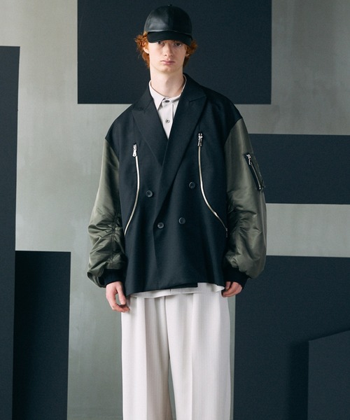 MAISON SPECIAL（メゾンスペシャル）の「《UNISEX》Prime-Over MA-1 Sleeve Double Breasted Curved Zip Tailored Jacket/プライムオーバーMA-1スリーブダブルブレストカーブジップテーラードジャケット【MAISON SPECIAL/メゾンスペシャル】（テーラードジャケット・メンズ・ライトグリーン/カーキ/ブラック・2/1）」の7枚目の写真