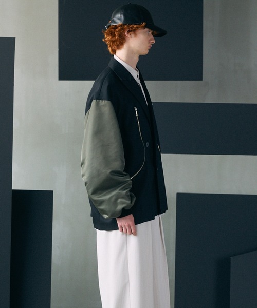 MAISON SPECIAL（メゾンスペシャル）の「《UNISEX》Prime-Over MA-1 Sleeve Double Breasted Curved Zip Tailored Jacket/プライムオーバーMA-1スリーブダブルブレストカーブジップテーラードジャケット【MAISON SPECIAL/メゾンスペシャル】（テーラードジャケット・メンズ・ライトグリーン/カーキ/ブラック・2/1）」の8枚目の写真